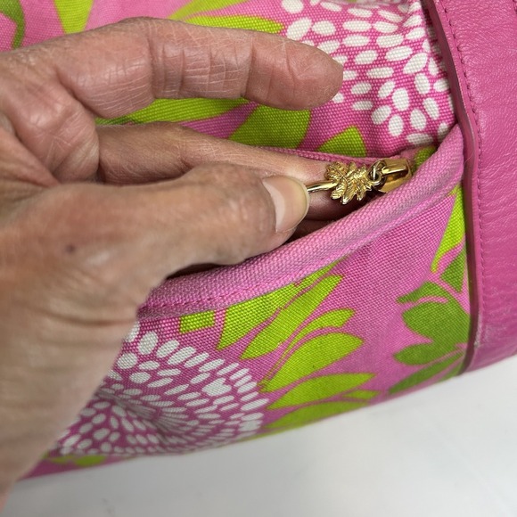 Lilly Pulitzer Sunflower Soleil Duffle Bag With Leather Strap Pink Green 20"x10" - Picture 13 of 13